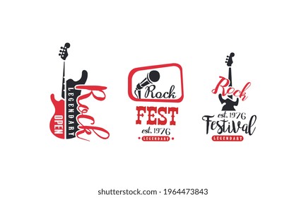 Rock Fest Logo Design Set, Legendary Open Music Festival Retro Badges Vector Illustration