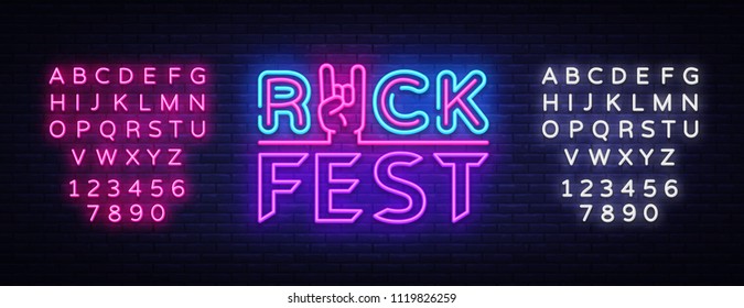 Rock Fest logo in neon style. Rock Festival neon night sign, design template vector illustration for Rock Festival, Concert, Live music, Light banner. Vector illustration. Editing text neon sign