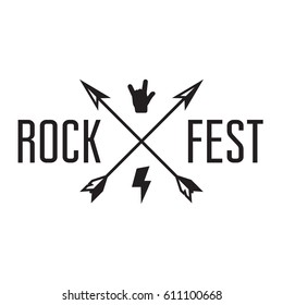 Rock fest music badge/Label. For signage, prints and stamps with arrows, rock hand and lightning bolt