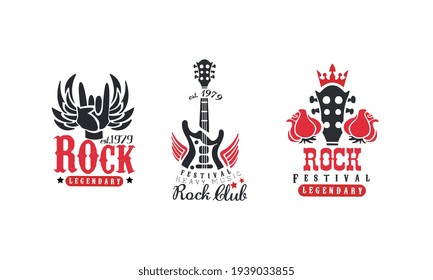 Rock Fest Music Festival Logo Templates Set, Legendary Heavy Rock Retro Badges Red and Black Vector Illustration