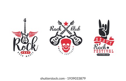 Rock Fest Music Festival Logo Templates Set, Heavy Rock Club Retro Badges Vector Illustration
