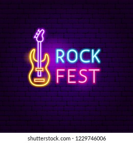 Rock Fest Neon Sign. Vector Illustration of Music Promotion.