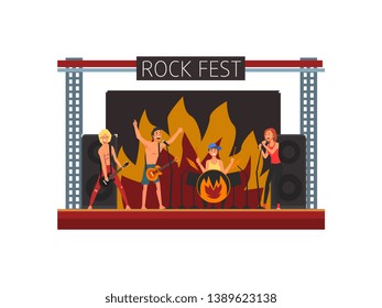 Rock Fest, Open Air Concert, Rock Band Performing on Stage, Outdoor Music Festival Vector Illustration
