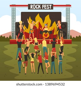 Rock Fest, Open Air Concert, Rock Band Performing on Stage, People Dancing and Having Fun Outdoor Next to Scene With Band, Outdoor Summer Music Festival Vector Illustration