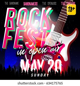 Rock fest in open air! Rock festival flyer, banner or poster with electric guitar in modern style, night sky with stars on background