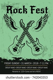 Rock fest party advertising with two crossed electrical guitars with wings. Vector illustration contains space for details of event