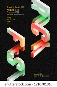 Rock Fest Vector Dark Poster. Music Cover for Summer Open-Air Festival. Rock Concert Flyer Template. Trendy Isometric Event Background. Trendy Geometric Shapes. Live Performance. Vertical Orientation.