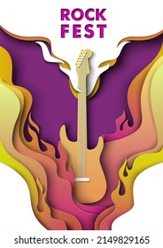 Afiche vectorial del festival de rock con guitarra en diseño de fuego. Concierto musical, festival o folleto de entretenimiento para espectáculos de mecanografía. Estilo de la capa de corte de papel