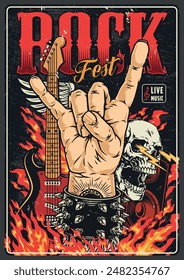 Rock fest vintage poster colorful with fan of heavy music making cool gesture near electric guitar and skull vector illustration