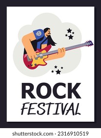 Rock festival advertising poster, man playing guitar, flat vector illustration. Guitarist performing in concert. Rock band member playing music instrument.