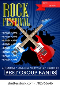 Rock festival banner design template with guitar. Vector illustration