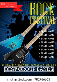 Rock festival banner design template with guitar. Vector illustration