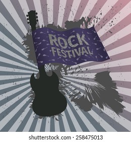 Rock festival banner with guitar and flag, grunge style