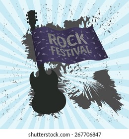 Rock festival banner with guitar and flag, grunge style, vector illustration