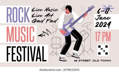 Rock festival banner or poster design template. Vector flat illustration. Promo of concert or party with guitarist cartoon character.