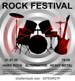 Rock Festival banner, poster. Silhouette drum set, electric guitar and red fireworks on grey abstract background . Vector Illustration