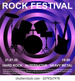 Rock Festival banner, poster. Silhouette drum set, electric guitar on purple abstract background. Vector Illustration