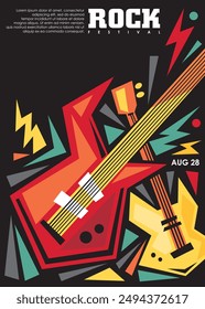 Rock festival colorido poster idea de diseño con guitarras eléctricas y varios Elementos de diseño. Concierto de música, invitación al estilo funky o Plantilla de volantes. Ilustración vectorial para fiesta musical.