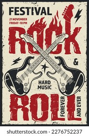 Rock festival colorful poster with guitars for theme party with heavy music or punk bands in nightclub vector illustration