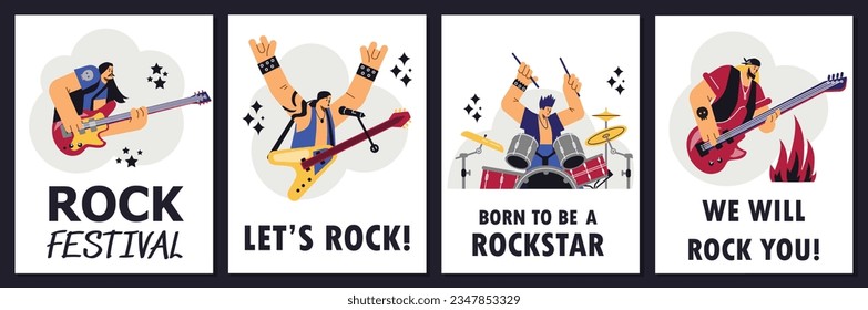 Rock festival or concert advertising posters set, flat vector illustration. Rock band musicians playing drums, guitar and basses on stage. People performing at music festival.