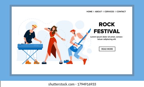 Rock Festival Concert Event Play Music Band Vector. Musician Group Young Men And Woman Playing On Instruments And Singing Song On Rock Festival. Characters Web Flat Cartoon Illustration
