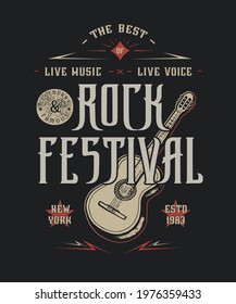 Rock Festival.  Craft retro vintage print design.  Graphic vector illustration. Old badge, label, logo template.