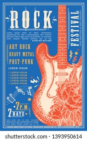 Rock festival design template. Electro guitar and rose. Modern musical print