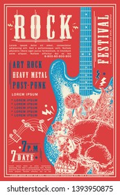 Rock festival design template. Electro guitar and skull. Modern musical print 