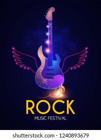 Rock Festival Design Template with Shining Guitar. Neon Wings and Fire. Vector illustration