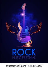 Rock Festival Design Template with Shining Guitar. Neon Wings and Fire. Vector illustration