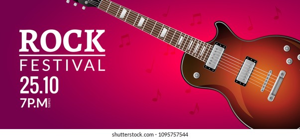Rock festival flyer event design template with guitar. Rock banner brochure invitation.