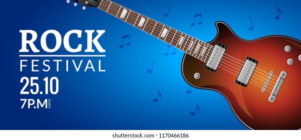 Rock festival flyer event design template with guitar. Rock banner brochure invitation.