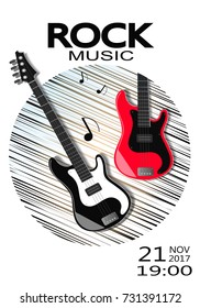 Rock festival flyer event design template. Guitar rock vector poster music band.