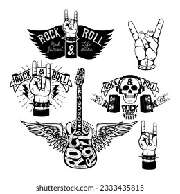 Plantilla de volante del festival de rock. Mano humana con señal de rock y roll, guitarra con alas. Elemento de diseño para volante o afiche. Ilustración vectorial.