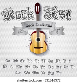 Rock Festival, a guitar on a badge plus alphabet Rock Festival, a guitar on a badge plus the alphabet, can be used for design, flyers, posters, tattoos