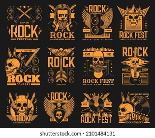 Rock festival, hardcore music live show icons. Vector skull with horns, crown and mohawk hairstyle, winged electric guitars, rocker and vinyl disc, Acoustic system cabinets and amplifier, drums kit