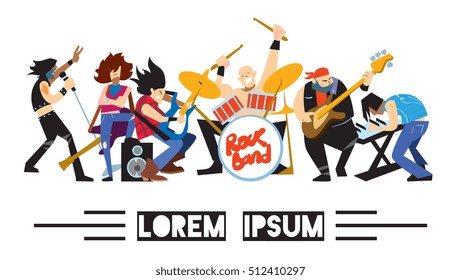 Rock festival. Heavy metal rockstar music group performing on white background. Artist figure in rocking outfit play musical instrument. Rock band performance. Festival announcement vector illustratio