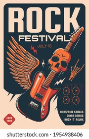 Rock festival of heavy music retro poster. Vector electric guitar, skull and loudspeakers, skeleton hand horn gesture, lightnings and angel wings invite flyer of hard rock fest. Musical flyer