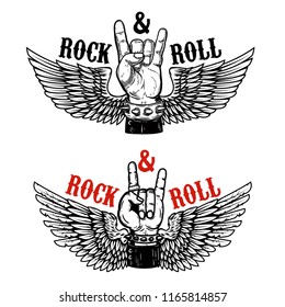 Rock festival. Human hand with rock and roll sign on background with wings.  Design element for t-shirt print, poster. Vector illustration.