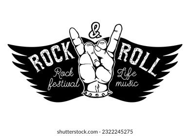 Rock festival. Human hand with rock and roll sign on background with wings.  Design element for t-shirt print, poster. Vector illustration.