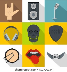 Rock festival icon set. Flat style set of 9 rock festival vector icons for web design