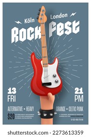 Rock festival invitation printing leaflet template. 3d rock stars hand holding red electric guitar. Music festival flyer vector illustration badge format. 