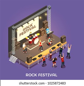 Rock festival isometric composition on purple background with musicians on stage, concert equipment, admirers vector illustration