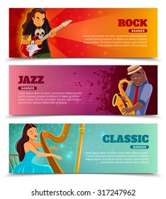 Rock festival jazz and classic music concert with performing harpist flat banners set abstract isolated  vector illustration