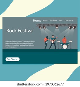 Rock festival landing page, stage of rock n roll and punk metal, rock band perfomance in nightclub. Vector concert of popular group with singer and guitarist, music event website flat cartoon
