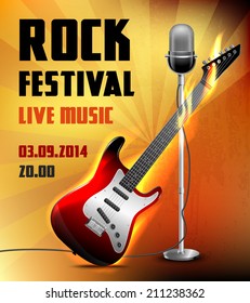 Rock festival live music concert poster with electric guitar and microphone vector illustration.