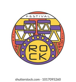 Rock festival logo template. Emblem in line style with abstract drums. Concept of music fest. Creative vector design for advertising poster, flyer or banner