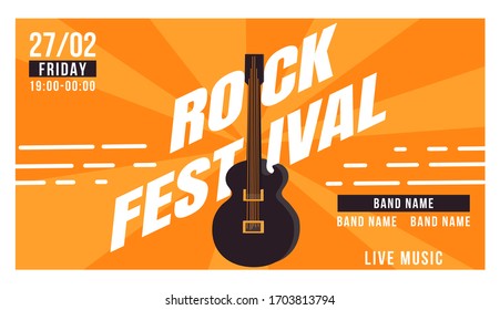 Rock festival, musical performance, guitar, advertisement invitation flyer, vector illustration. Live, play music concert, this friday, band, collective name text place, sunburst background.