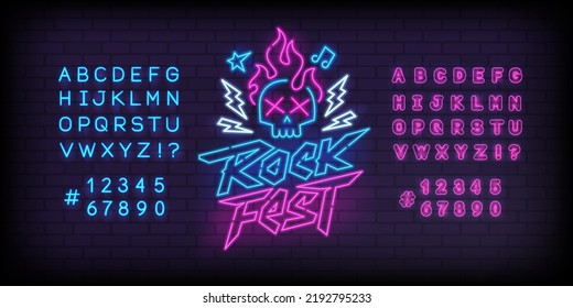 Rock Festival Neon Light sign with guitar and type font - editable vector template. Neon tube letters design for Rock music sign. Neon font. Rock n Roll Party in  cyberpunk 80s - 90s style lettering