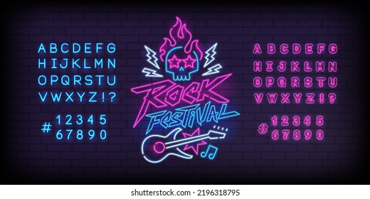 Rock Festival Neon Light sign with guitar and type font - editable vector template. Neon tube letters design for Rock music sign. Neon font. Rock n Roll Party in  cyberpunk 80s - 90s style lettering